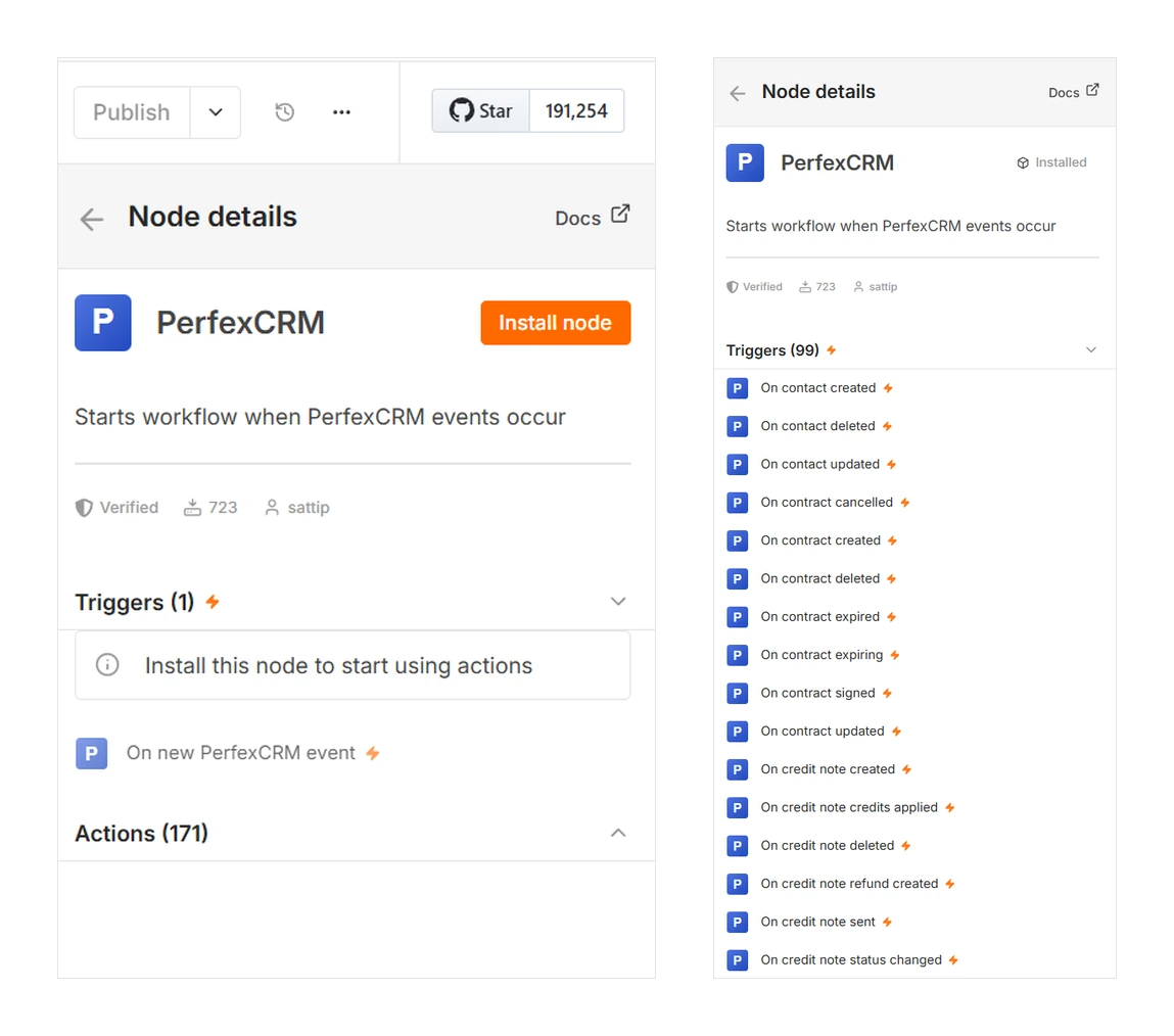 PerfexCRM verified n8n community node — Verified status, 181 actions and 103 real-time triggers in the node panel